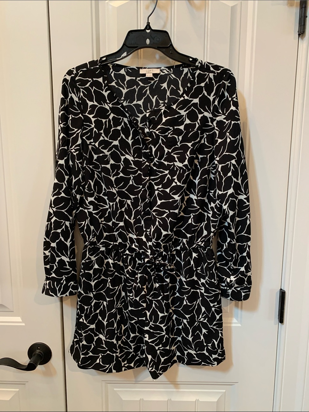 LOFT Black and White Floral-Print Long-Sleeve Dress